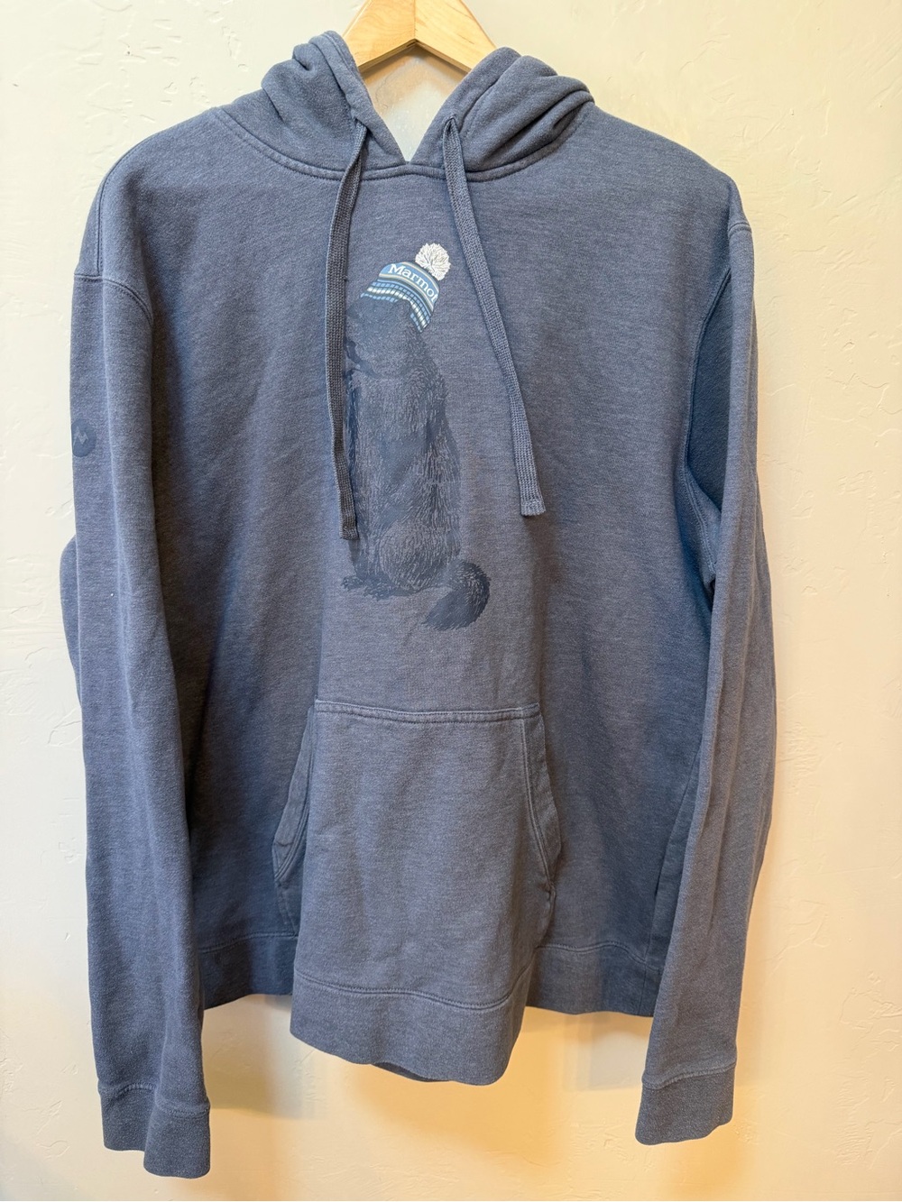Marmot Hoodie Mens Size XL Gray Beaver Graphic Logo Mountain Hiking Pullover